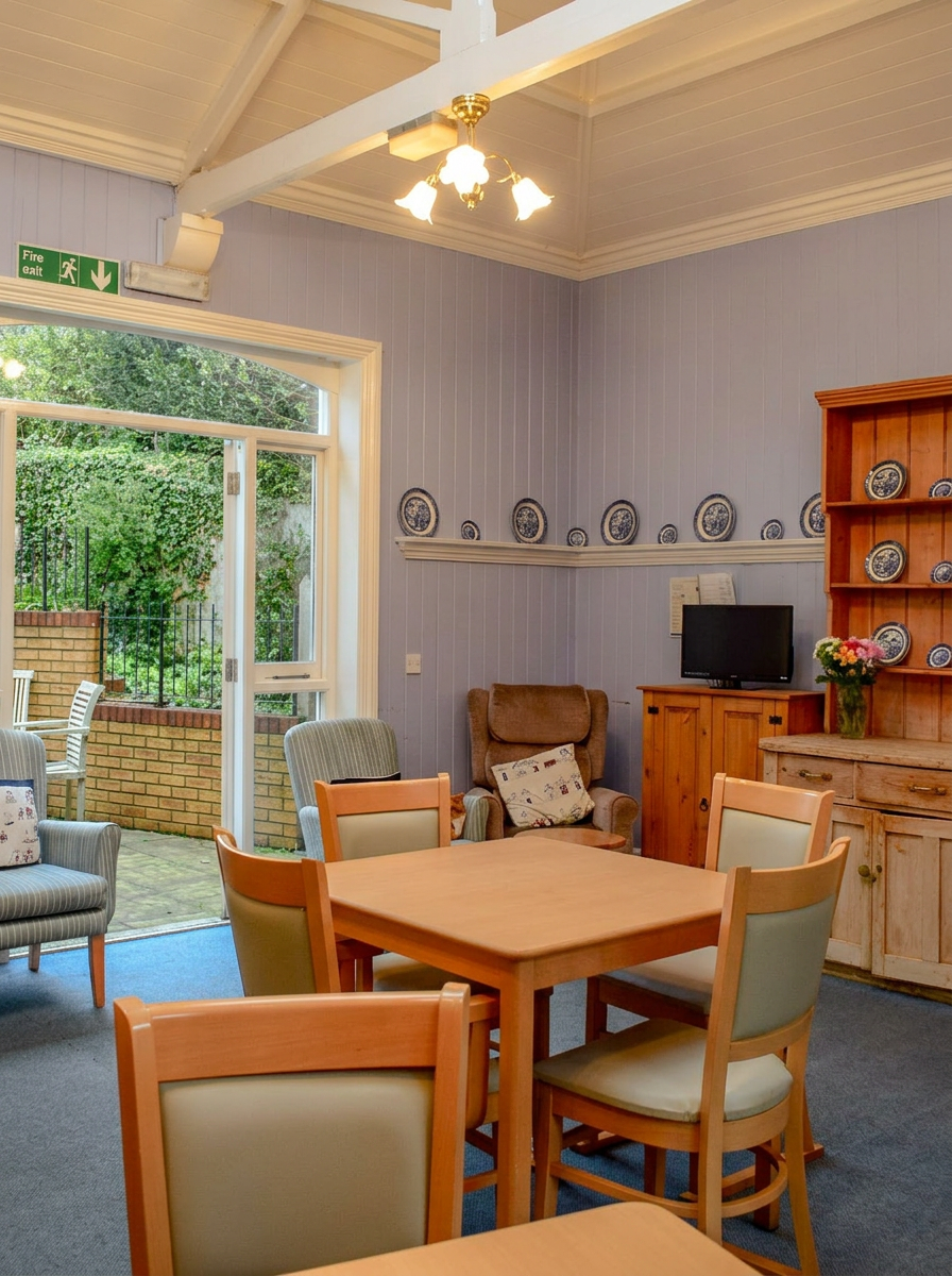 Dining room at St Anselm's with wooden tables and chairs, a pine dresser displaying blue and white plates, and doors opening to the garden