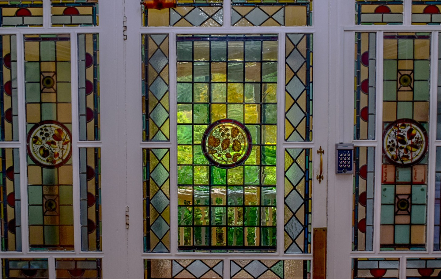 Stained glass entrance detail at St Anselm's